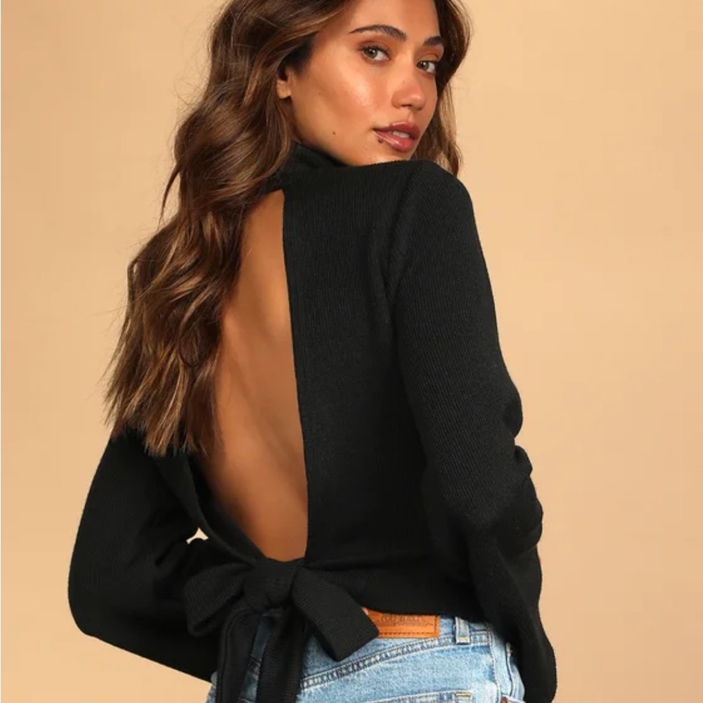 Lulus: Baby Got Backless Black Mock Neck Tie-Back Sweater